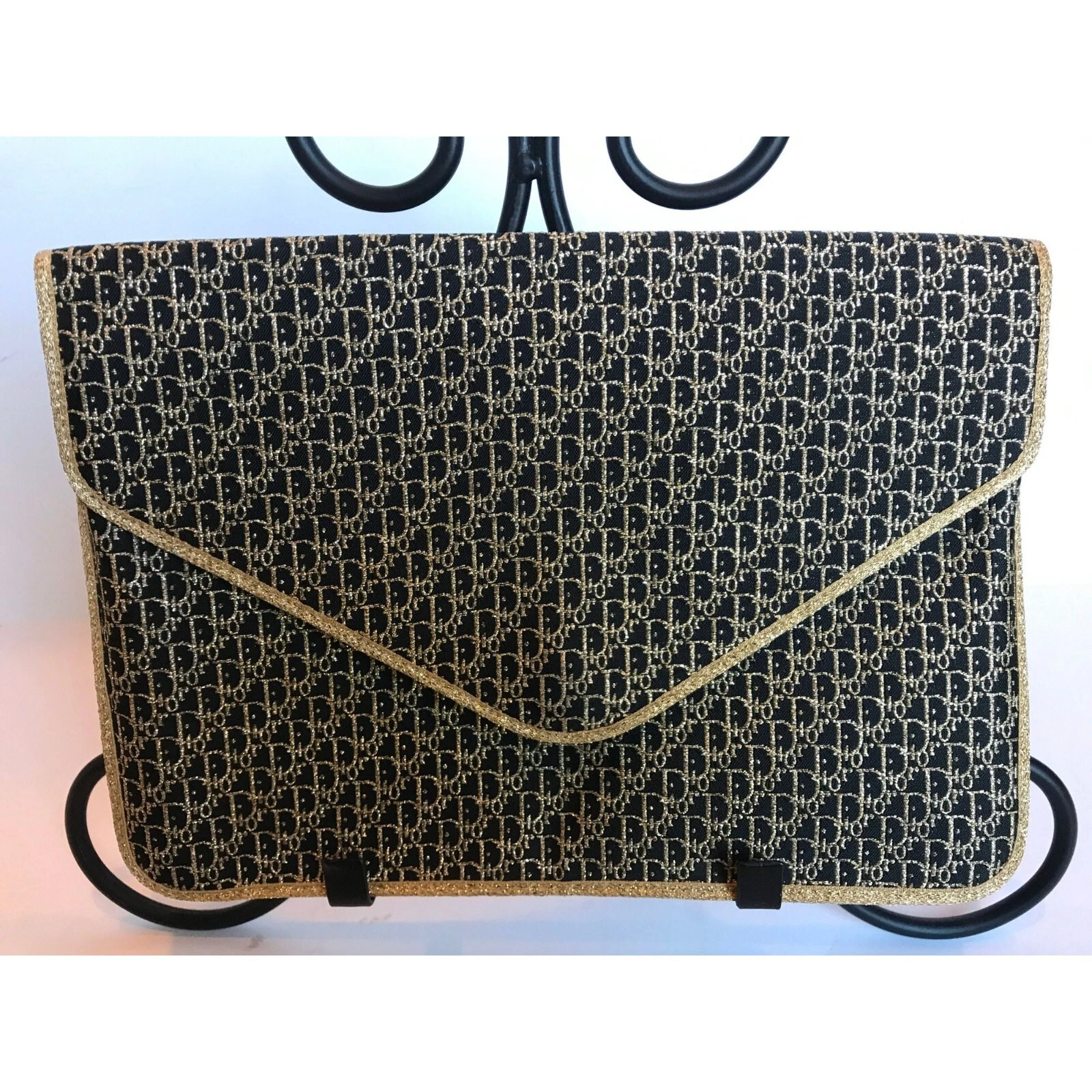 Pochette sac de soirée vintage années 70 Christian Dior noir et or made in France
