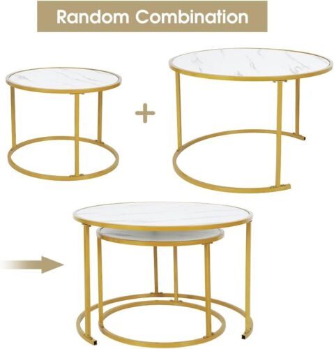 Houseables Round Nesting Coffee Side Tables Set of 2 White Marble Gold MDF Metal - Afbeelding 1 van 3