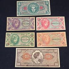 Military Payment Certificates Lot 6 dollar 5, 10, 25, 50 cents 5,$10 series 641
