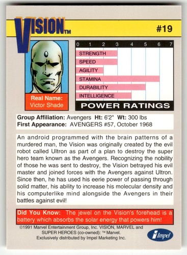 1991 Impel Marvel Universe II Trading Card #19 Vision - Picture 2 of 4