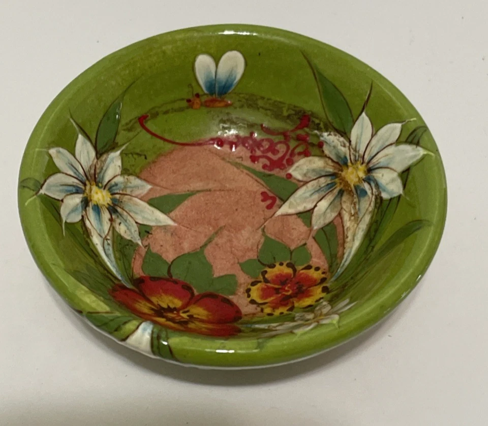Bandeja para baratijas cuenco de cerámica de gres pintado a mano plato de caramelo floral verde Foto 2 de 4