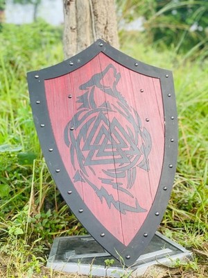Handcrafted Wooden Templar Wolf Design Authentic Battle Wall Decor Shield