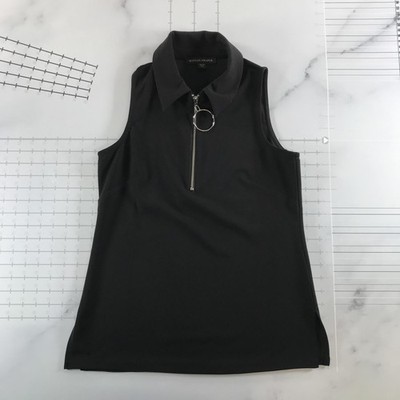 Boston Proper Polo Shirt Damen XS Schwarz Ärmellos Ring Reißverschluss 1/3 Zip