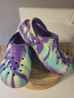 Crocs Classic Lined Clogs Girls C12 Purple Green Tie-Dyed Marbled