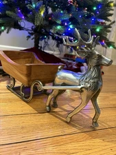 Vintage Silver Aluminum Reindeer & Wooden Sleigh Centerpiece Christmas Decor