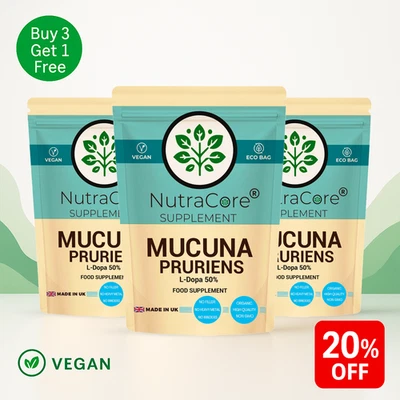 NUTRA CORE Mucuna Pruriens Kapseln 600mg- (50% L-DOPA) -100% Natürlich, Stark, Vegan Zusatz