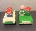 Fisher Price Vintage Little People  2Green and White Cars & 4 People- DN32