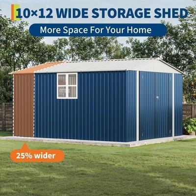 10X12' Metal Storage Shed Blue With Double Doors Gable Roof Side Window For Yard