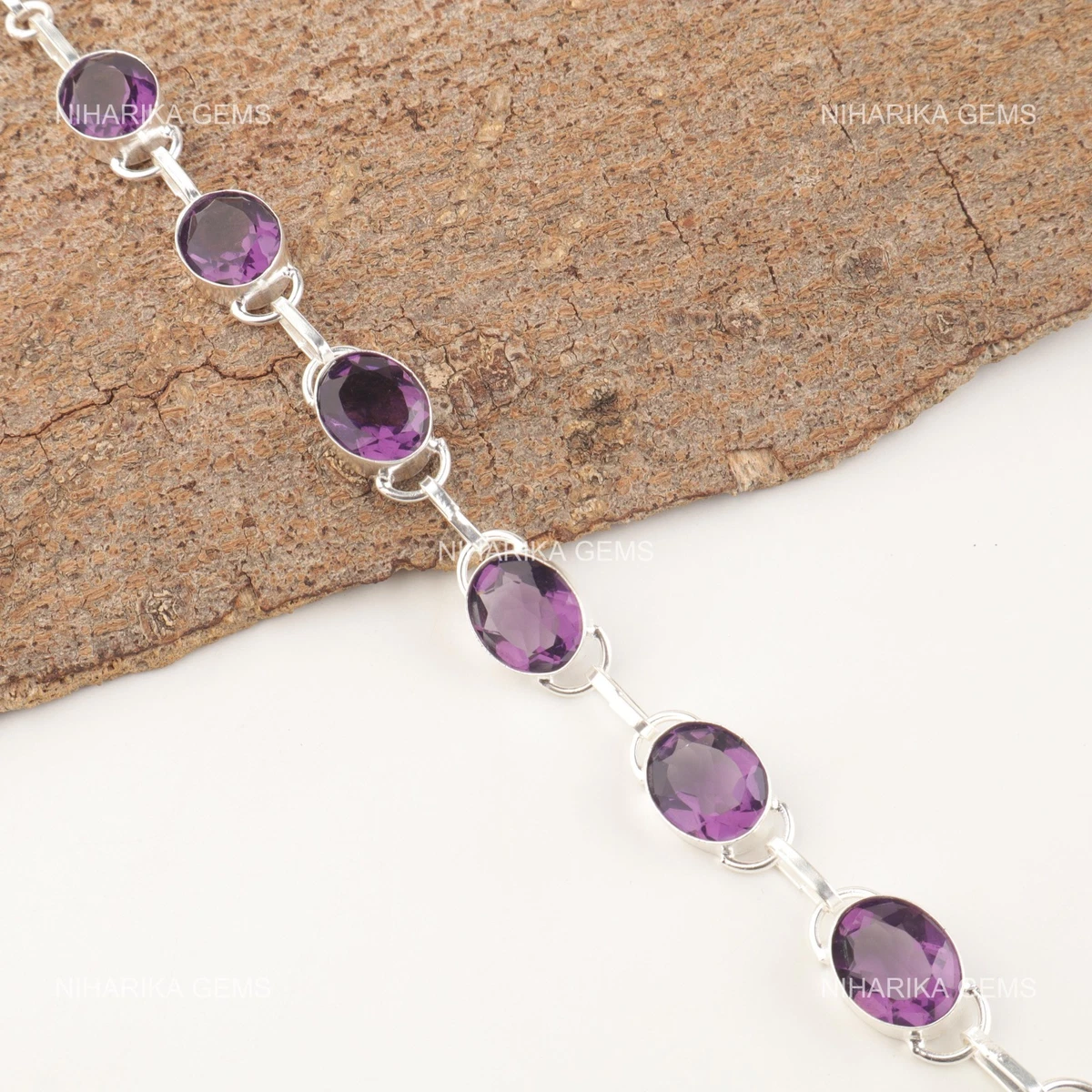 Bracciale Tennis In Argento Sterling 925 Con Ametista A Cuore, Lunghezza 20 Cm, Rodiato, Regalo