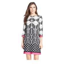 Eliza J Womens 4 Shift Dress Black White Pink Geometric Print 3/4 Sleeve Zip