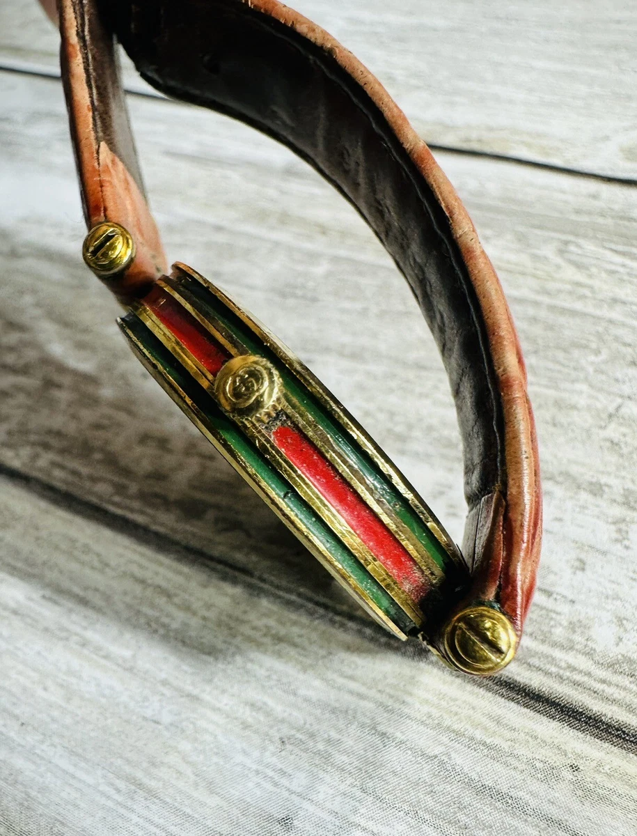 Vintage Gucci 2000M Watch Gold Plated With Red Green Enamel 30mm Quartz
