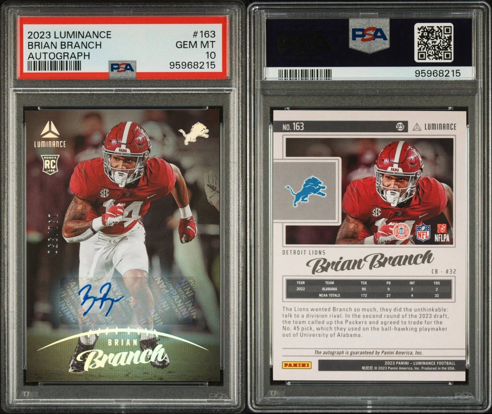 Brian Branch Panini Luminance #163 Autograph