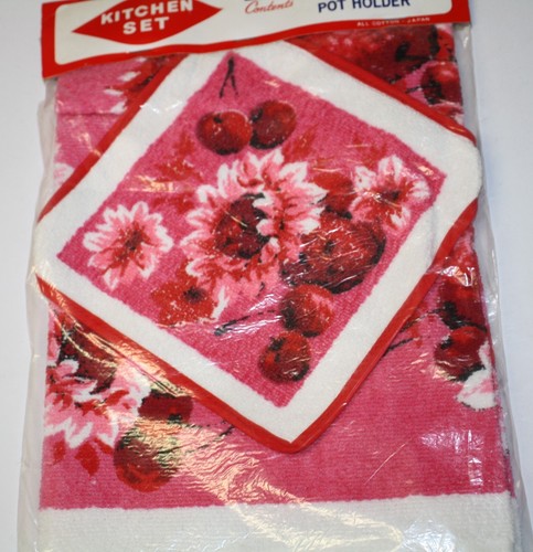 Vintage Kitchen Set Quick Dry Terry Pink Floral Tea Towel & Pot Holder - Japan - Picture 3 of 4
