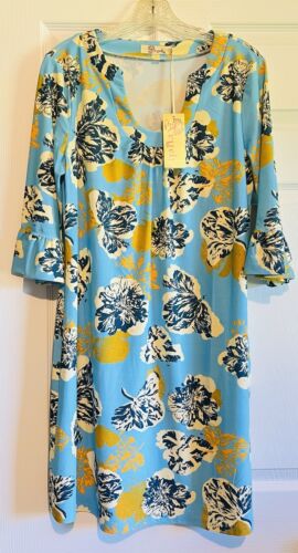 Aryeh Women’s Tunic Dress Blue Floral Cutout Neck Bell Sleeve Size Large NEW