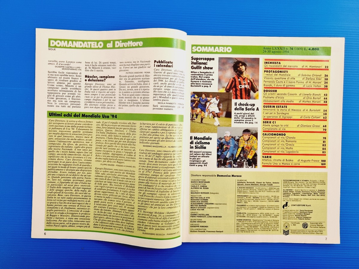 Guerin Sportivo N°16 1995 - Pagliuca, Baggio, De Sanctis - Italie - Bon état