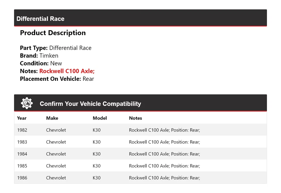 For 1982-1986 Chevrolet K30 Differential Race Rear Timken 1983 1984 1985 - Image 2 of 4