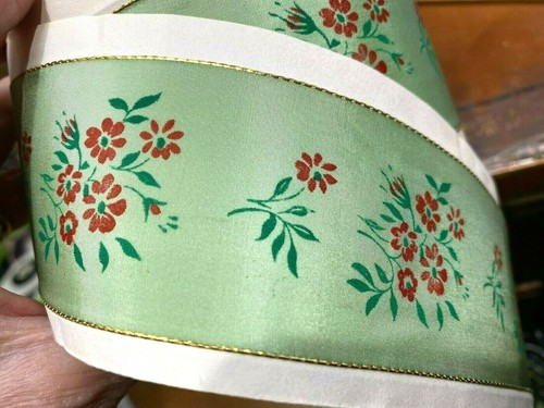 vintage antique acetate wire flowers 2" ribbon green red gold edge 1yd France - Picture 5 of 5