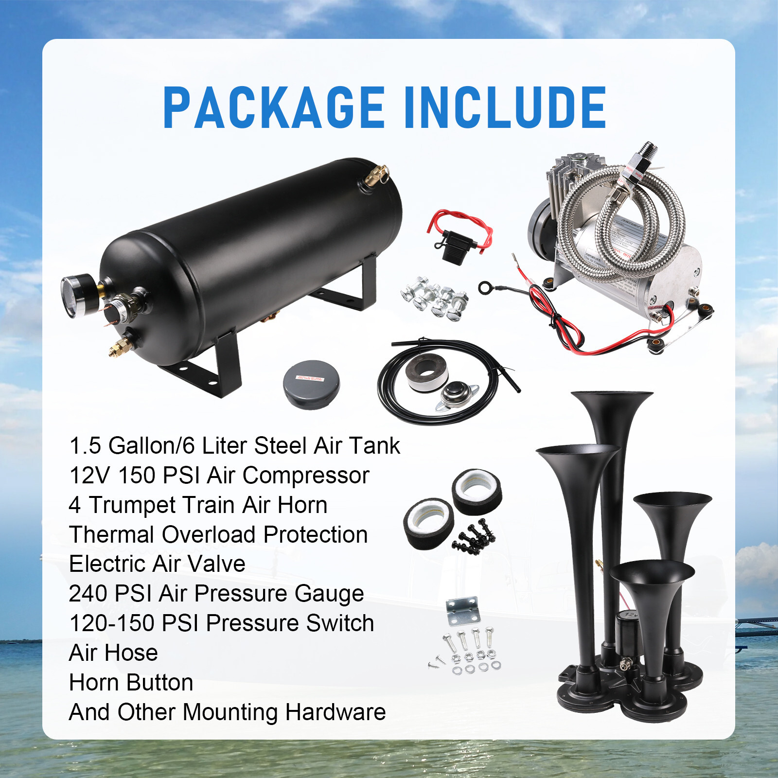 Train Horn Kit 4 Trumpets Semi Loud System 1.5G Air Tank 150PSI FITS Truck Car