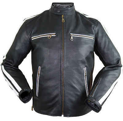 Herren Motorrad Lederjacke Biker Retro Streifen Rockerjacke Chopper Gesteppt