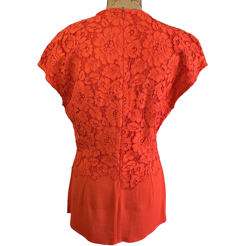 By Malene Birger Coral Red Floral Lace Overlay Blouse Cap Sleeve Top Sz L - Picture 6 of 13