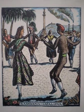 Castells Marti Bois Grave Sardana Catalunya Gravure Originale Wood Print Deco