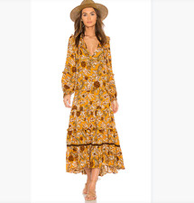 Spell Etienne Maxi Dress Gown Boho Tiered Sienna Yellow Floral Long Sleeve S