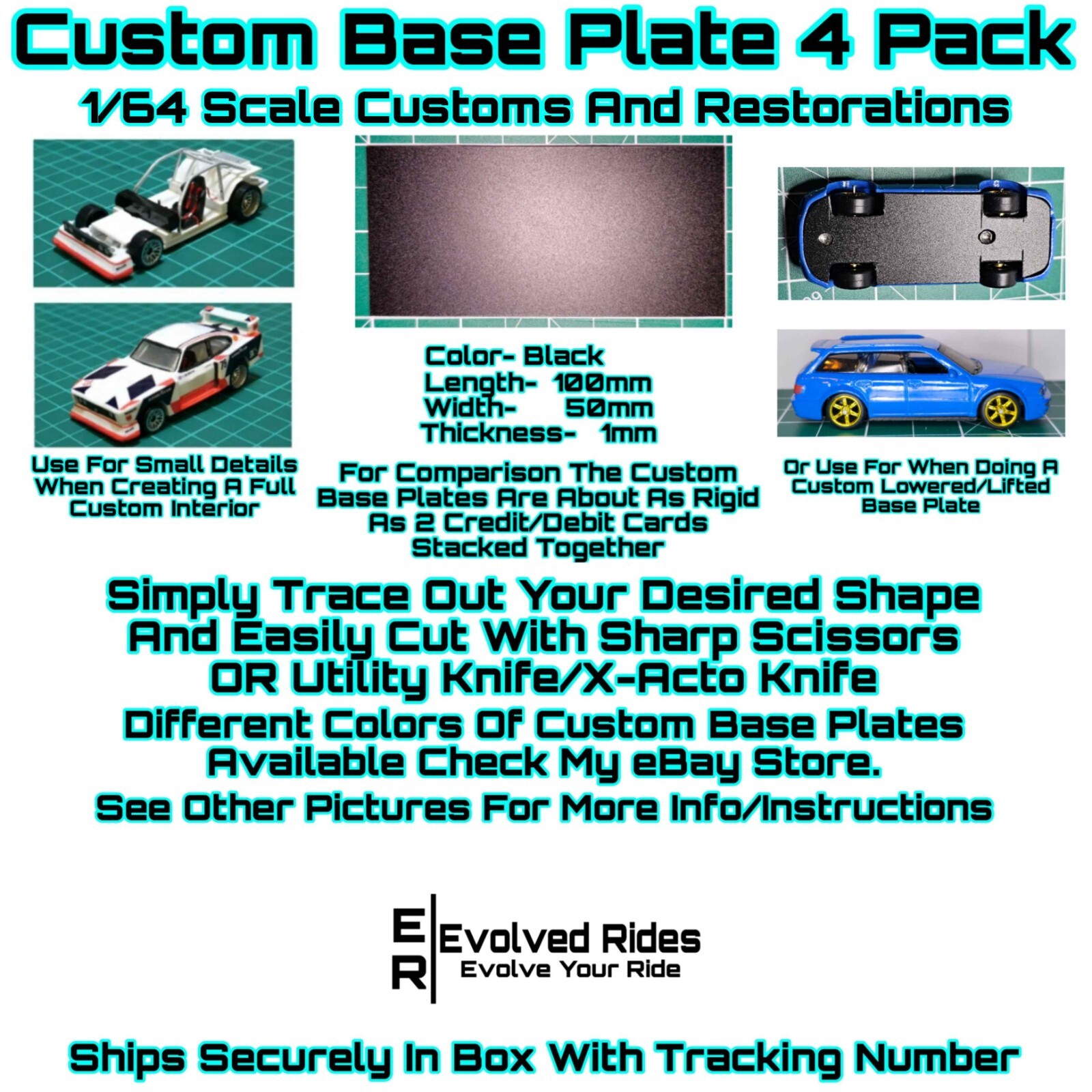 Custom Base Plate Blank 4PC Black 100mm x 50mm For 1/64 Scale Custom Restoration