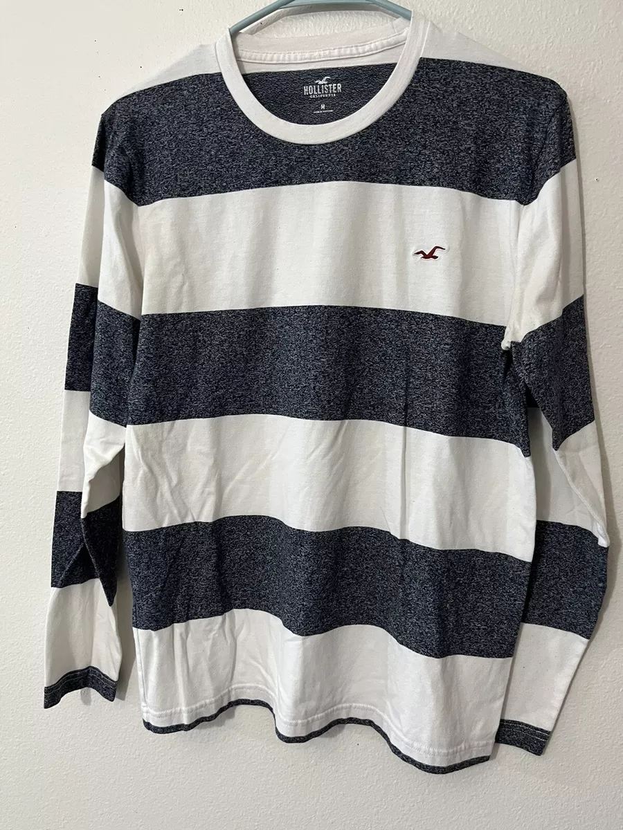 HOLLISTER Mens Size Medium Gray White Striped Long Sleeve Crew Neck T Tee Shirt