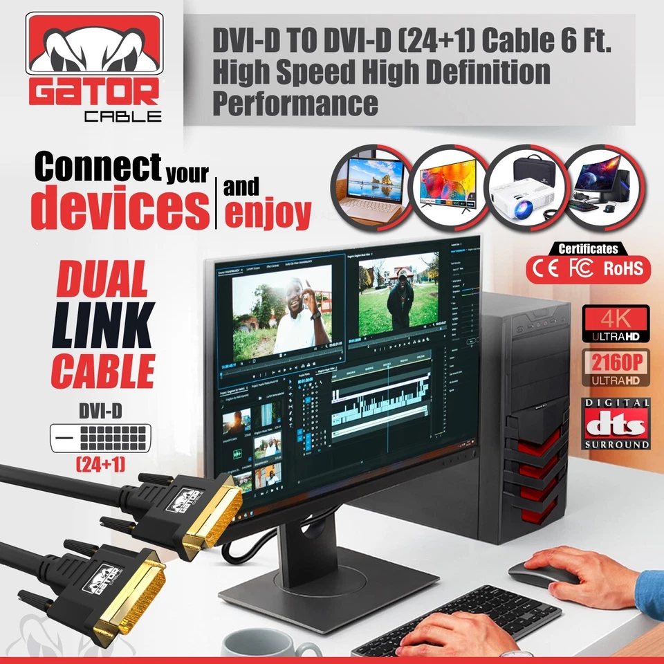 DVI-D to DVI-D Cable Dual Link 24+1 Male Video Cable Adapter Gold Plated 6FT - Image 3 of 4