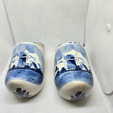 Blue Delft #3 Pair Of Hand Painted Windmill Design Pottery Clogs Made In Holland