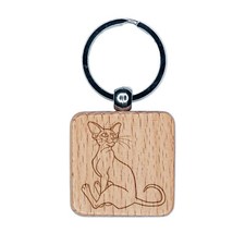 Enthusiastic Oriental Shorthair Cat Engraved Wood Square Keychain Tag Charm