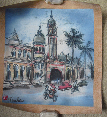 Vintage Signed Asian Watercolor Charcoal Painting of Town Building
