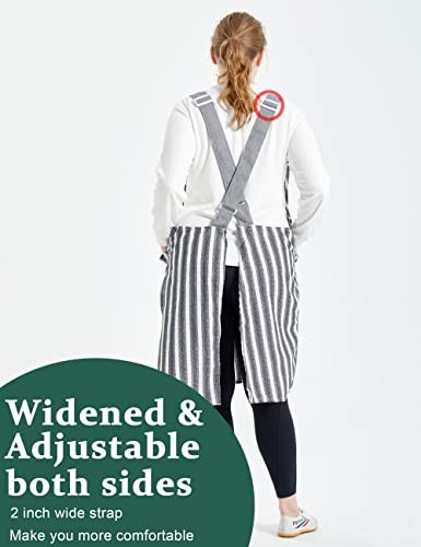 Big Plus Size Aprons for Women with Pockets Cotton Linen Baking Black Stripes - Picture 3 of 6