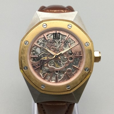 Louis Bolle Mens Watch 36mm Rose Skeleton Dial Two Tone Steel Automatic Leather