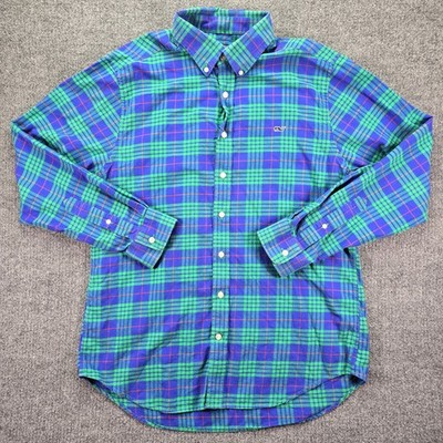 Vineyard Vines Whale Shirt Mens Large Slim Fit Blue Green Plaid Long Sleeve Prep