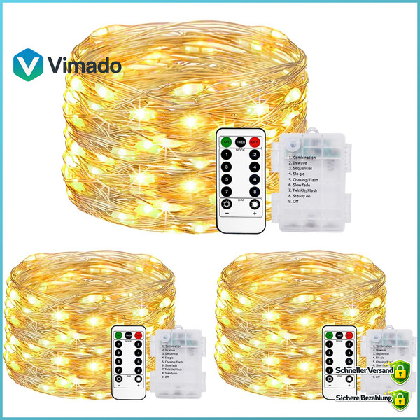 Lichterkette 5M 50 LED Batterie Warmweiß Mit Timer Fernbedienung Wasserdicht-image