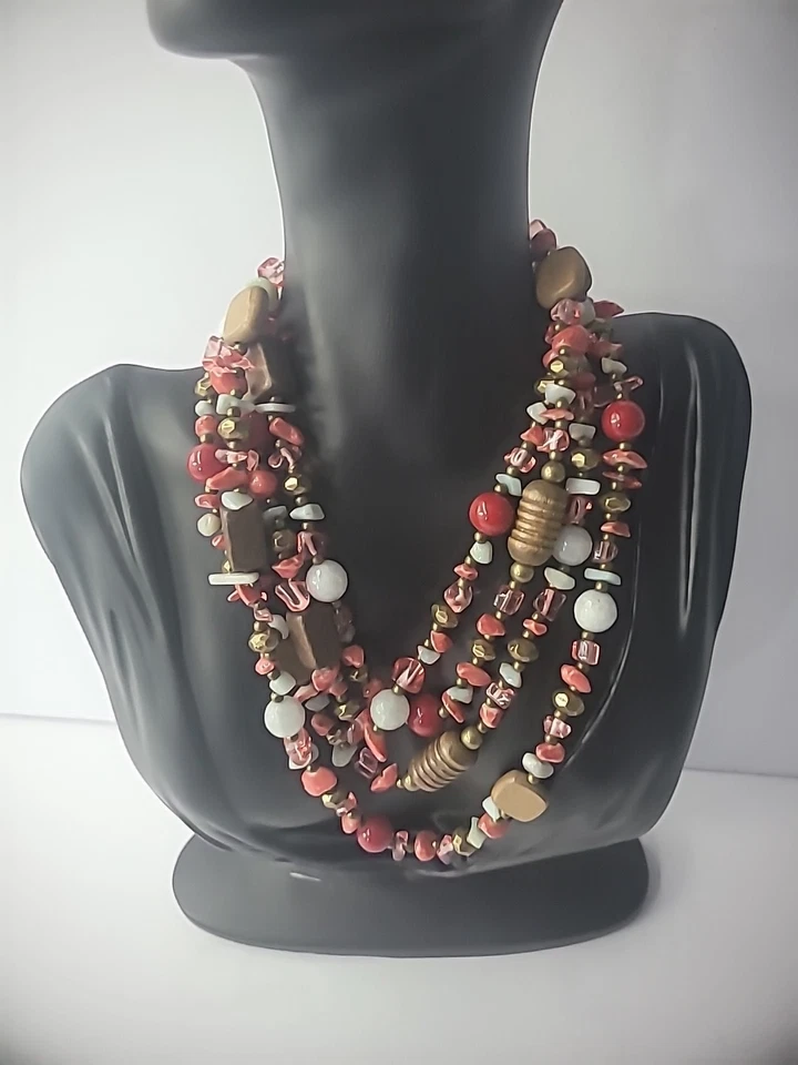 Collar Vintage Aleta Cuentas Largas Vidrio Madera Rosa Rojo Blanco Joyería Disfraz Foto 4 de 4