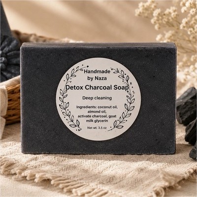 Naza Handmade Detox Activated Charcoal Soap Bar 3.5 oz w/ Goat Milk