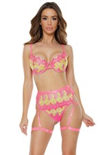 Coquette - 24114 - Bra Garter Belt  Thong set - NEON PINK