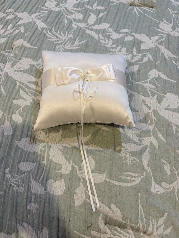White Satin Wedding Ring Pillow Square with Bow and Ribbon Romantic Theme