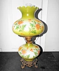 GONE WITH THE WIND VINTAGE 3-WAY GREEN MILK-GLASS  FLORAL DISPLAY HURRICANE LAMP