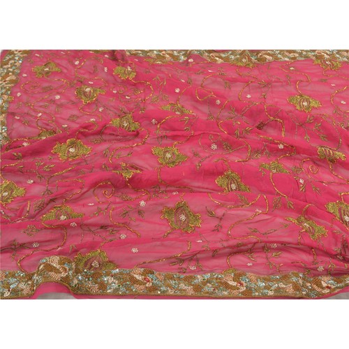 Sanskriti Vintage Dupatta Georgette Magenta Hand Beaded Zardozi Wrap Stole - Picture 11 of 12