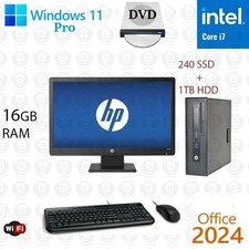 Windows 11 HP i7 3.4 ghz 16GB RAM 250GB SSD 1TB 24" LCD WiFi Desktop Computer PC