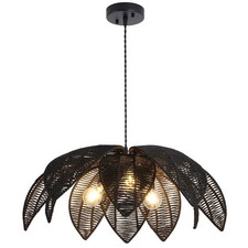 24” Black Boho Large Rattan Chandelier Light Fixture,3-Light Hand Woven Flowe...