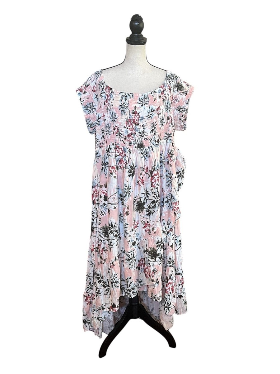 Torrid Challis Tulip Hem Off Shoulder Maxi Dress Sz 5 5X Pink Tropical Hi  Lo NWT