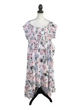 Torrid Challis Tulip Hem Off Shoulder Maxi Dress Sz 5 5X Pink Tropical Hi Lo NWT