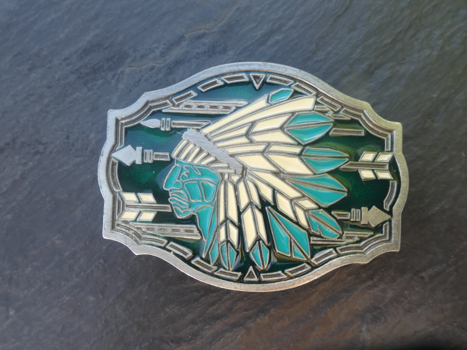 Vtg Arroyo Grande Native American Chief Belt Buckle Enamel & Pewter AG 82 • 1993