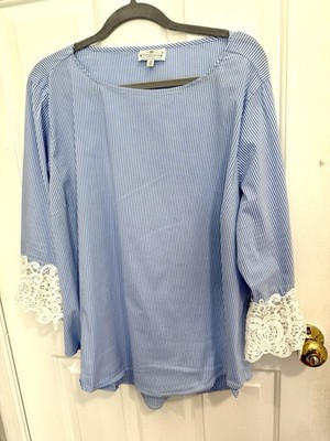 Grand & Greene Blouse Size 1X Blue White Stripe Lace Bell Sleeves Pre-owned
