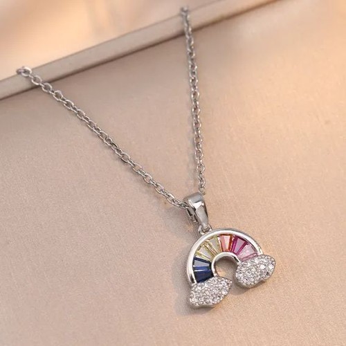 Sweet Zircon Inlaid Rainbow Pendant on Titanium Steel Chain