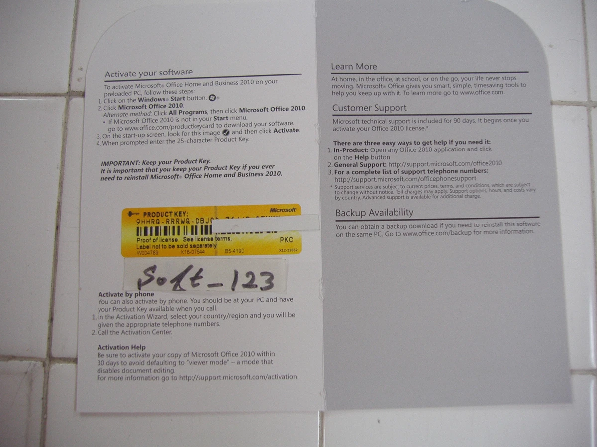 MS Microsoft Office 2010 Home And Business Product Key Card (PKC.